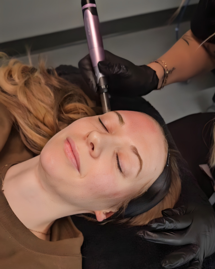 Patient receiving a microneedling treatment to stimulate collagen production and improve skin texture after facial volume loss from Ozempic face.