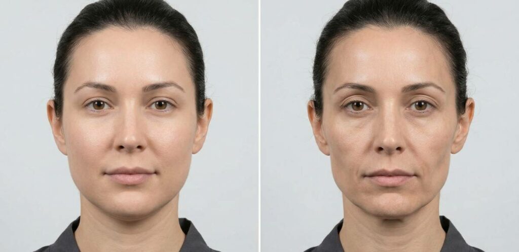 Before and after illustration showing facial volume loss associated with rapid weight loss, highlighting common signs of Ozempic face such as hollow cheeks, under-eye volume loss, and increased facial aging.