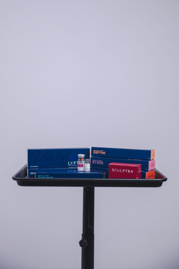 Restylane filler products and aesthetic injectable vials displayed at Pine & River Aesthetics in Little Rock, Arkansas.