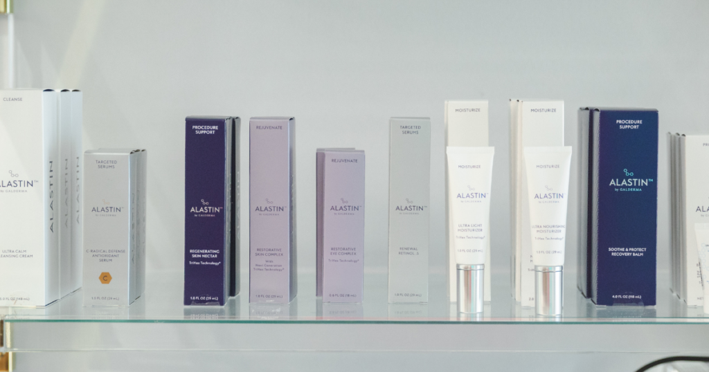 ALASTIN medical-grade cleansers, serums, moisturizers and treatment-support products displayed at Pine & River Aesthetics.